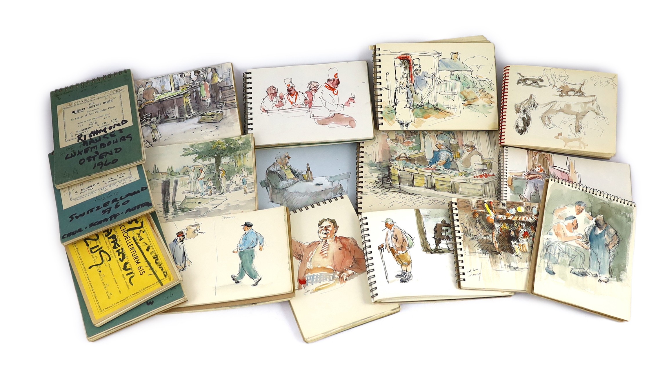 Roland Batchelor RWS, (British 1889-1990), Views of Switzerland, Belgium and Richmond, numerous ink sketches and watercolour studies contained within seventeen sketch books, largest 18 x 25cm